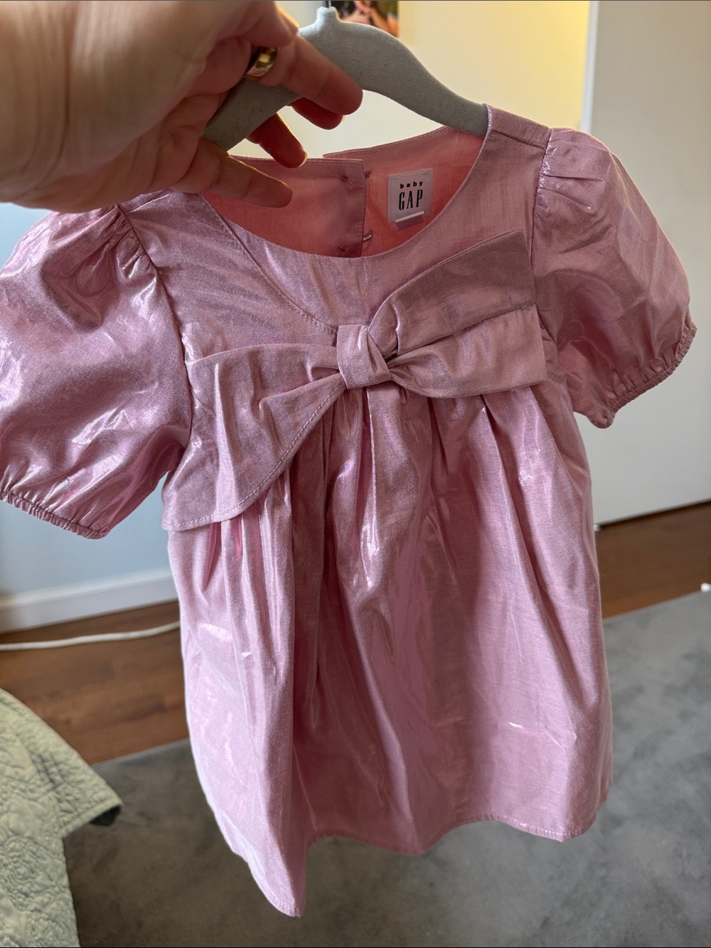 GAP Shimmer Pink Bow-Front Puff Sleeve dress - rose gold pink sparkle 12 mos